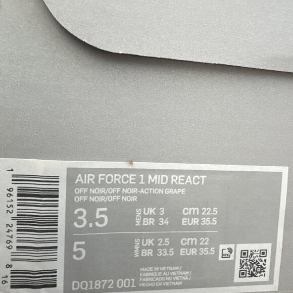 New Nike Air Force 1 React Mid Off Noir Black Action Grape Sz 3.5 Men 5 Women main image 8